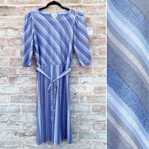 Vintage Secretary Dress 70s 80s Blue Grey Stripe Belted Stretch Midi Church